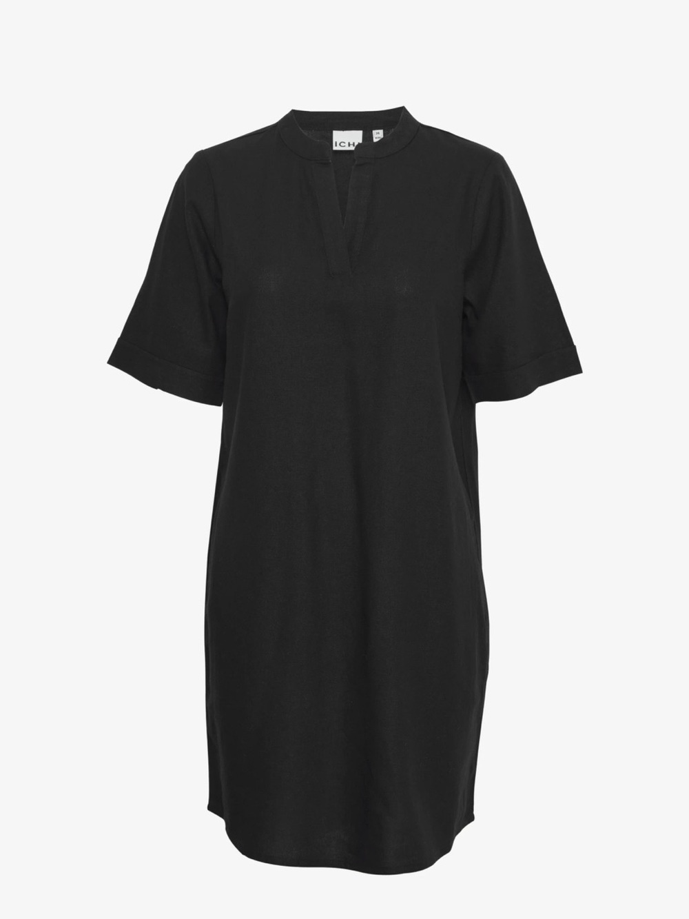 ICHI IHLINO Linen Day Dress Minimal Black Split-Neck Shift Dress Euro Summer - Picture 8 of 15